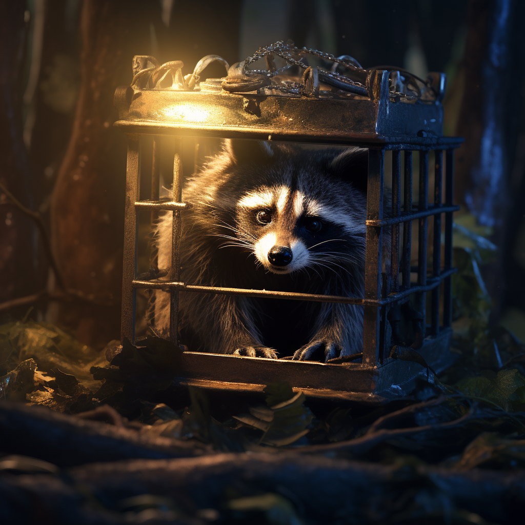 Raccoon safely captured in a humane trap